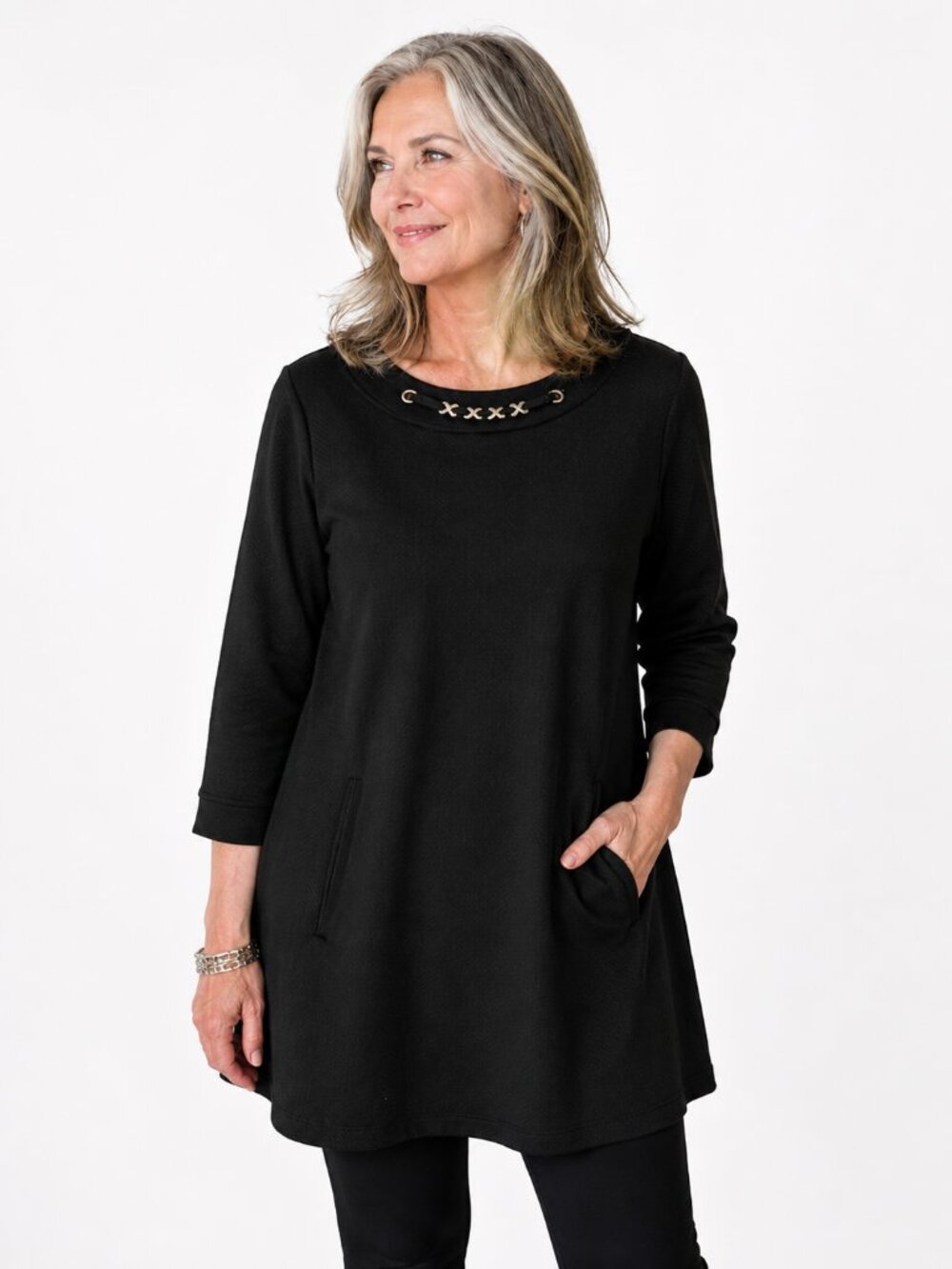 Vtg Simonton Says Black Ponte Knit Top Tunic Crew Faux Pockets Long Sleeve M